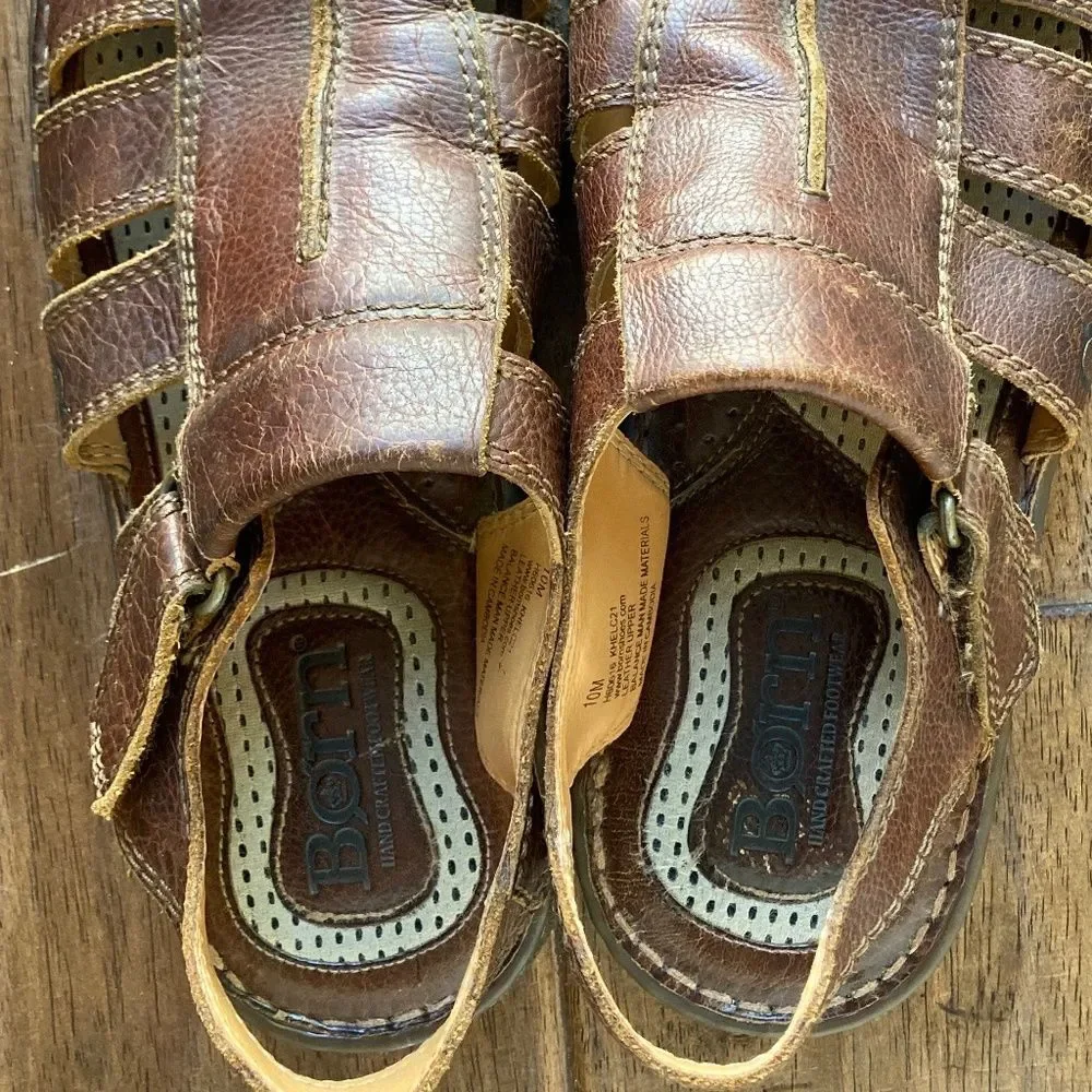 Born Whigham Men’s Sandal 10M Fisherman Style Brown Leather Hook & Loop